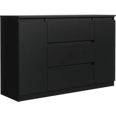 Afbeelding van commode zwart mat met 3 laden en 2 deuren 120 cm, opbergkast, slaapkamer H: 78,2 B: 120,4 D: 39 laden, volwassenen