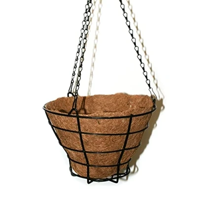 Afbeelding van DOJA Barcelona Hangende bloempot kokos 2 stuks hangmand 24 x 19 cm mand van kokosvezel en metaal met kettingen haken ideaal voor buiten, kamerplant