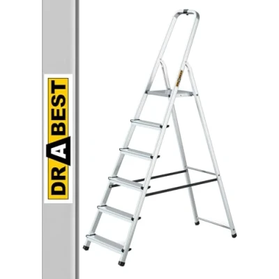 Afbeelding van Drabest Huishoudladder, 6 treden, aluminium, capaciteit 125 kg, trapladder met veiligheidsrail en werkplatform, multifunctionele ladders, 48 x 191 12 cm