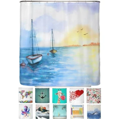 Afbeelding van arteneur® Douchegordijn, schimmelwerend, zeilbootmotief, 180 x 200 cm, Oeko Tex Standard 100, verzwaarde zoom, ondoorzichtig, waterdicht, wasbaar, 12 ringen