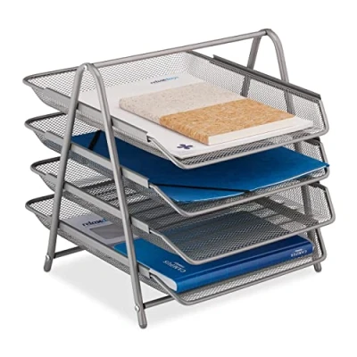 Afbeelding van Relaxdays brievenbak staal zilver 4 vakken sorteerbak a4 bureau organizer brieven