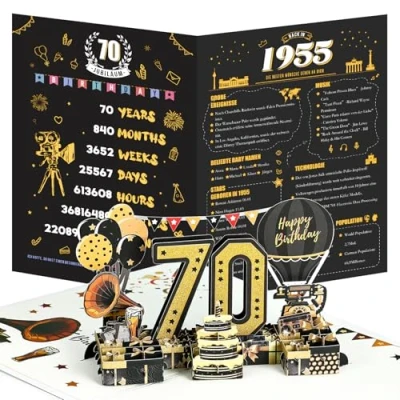 Afbeelding van Joyoldelf Verjaardagskaart 70e verjaardag 1955 3D pop up wenskaart met envelop vintage verjaardagscadeau voor mannen en vrouwen