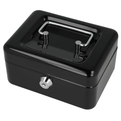 Image de Westcott Caisse à monnaie verrouillable (compacte, 15 cm) Noir Boîte en tôle d&#039;acier avec 2 clés Plateau amovible pour pièces de 6 compartiments E 51000 BLACK