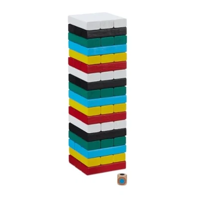 Afbeelding van Relaxdays vallende toren houten spel gekleurd stapelspel wiebeltoren
