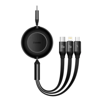 Image de Bright Mirror 2 Series Retractable 3 in 1 Fast Charging Data Cable Type C to M+L+C 100W 1.1m Black de Baseus Noir Aluminium