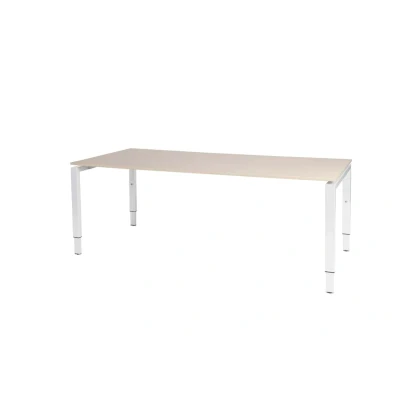 Afbeelding van Domino bureau, hoogte instelbaar (62 85cm) met 200x90cm &#039;zwevend&#039; lindberg (licht) eiken 25mm blad en wit (RAL9010) N poot frame