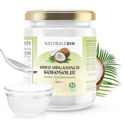 Image de Huile de coco Bio 200 ml vierge pressée à froid et pure. pays d&#039;origine Sri Lanka. Raw Virgin Coconut Oil NaturaleBio