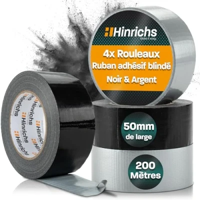 Afbeelding van Hinrichs Plakband, zilver/zwart, 4 rollen textielband, 50 m x mm, duct tape, extra sterk, gaffer waterdicht, sterk plakband voor binnen en buiten
