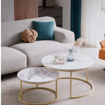 Afbeelding van HJhomeheart Set van 2 ronde bijzettafels, salontafel, groot: 80 x 45 cm; klein: 60 35 cm, wit en goud