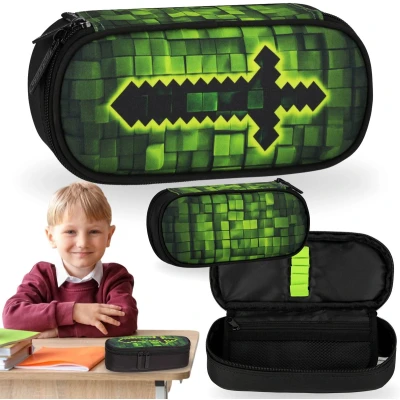 Afbeelding van Pixel COMPARTIMENTEN schooletui voor SPELER, GAMER, etui, OVAL vorm jongens, 22x10x5cm