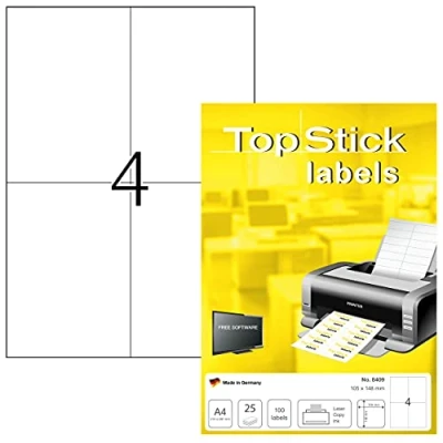 Afbeelding van TopStick 8409 universele etiketten A4 (105 x 148 mm, 800 vellen, papier, mat) zelfklevend, bedrukbaar, permanent klevend adresstickers, 3200 zelfklevende etiketten, wit