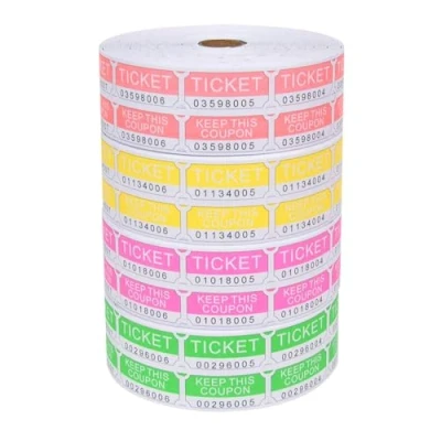 Afbeelding van L LIKED Assortiment van 8000 dubbele loterijtickets 2000 per rol 50/50 (neonroze, groen, rood, geel)