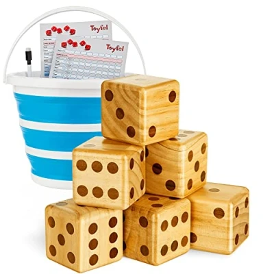 Afbeelding van Toyfel Chuck XXL Werp Spel Set met 6 Grote Dobbelstenen (9cm) FSC® Dennenhout Binnen en Buiten Opvouwbare Container, Uitwisbaar Scorebord &amp; Marker