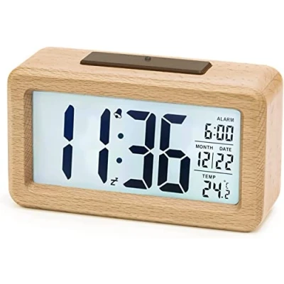 Afbeelding van Houten Digitale Wekker, aboveClock LED Wekker Tikvrije Klok met Datum, Temperatuur Weergave, Sluimerfunctie, op batterijen【3 AAA Batterijen Vereist】