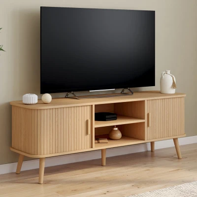 Image de Meuble TV 140 cm ROMIE 2 portes coulissantes lattes tasseau bois coloris chêne IDMarket