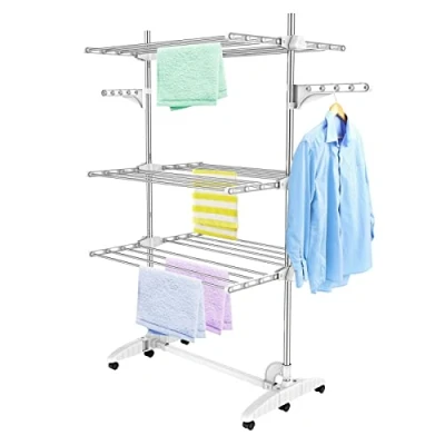Image de Todeco Etendoir à Linge, Etendage 3 étagères, Blanc, avec ailes, Matériau: Tubes en acier inoxydable