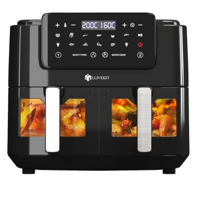 Afbeelding van LLIVEKIT Heteluchtfriteuse met 2 laden, olievrij, 9 liter, XXL, led touchscreen, kijkvenster, programma&#039;s, Match Cook &amp; Smart Finish functie, 2400 W, zwart