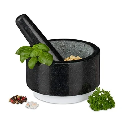 Afbeelding van Relaxdays vijzel met stamper graniet antislip mortel vlak kruiden vermaler 400 ml