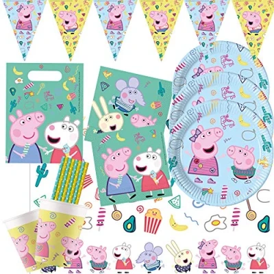 Afbeelding van procos/spielum Peppa Pig 54 delige partyset met borden, bekers, servetten, tafelkleed, feestzakken, wimpelslinger, rietjes voor 8 kinderen