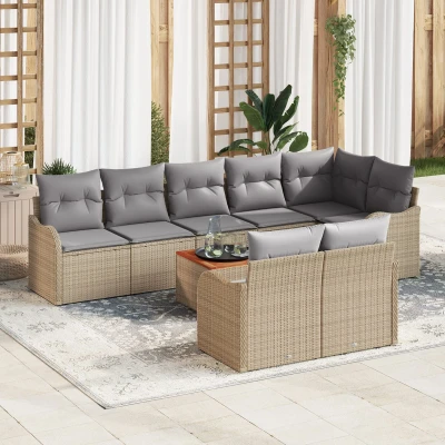 Afbeelding van vidaXL 9 delige Tuinbank Set met Kussens Beige Poly Rattan Acacia, 2 persoons