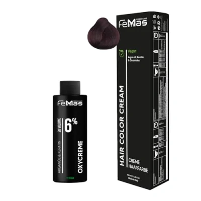 Afbeelding van Femmas Haarverfset lichtbruin rood 5.6 I Hair Color Cream 100 ml + oxycrème 6% permanente haarkleur ontwikkelaar zacht en duurzaam salon haarverf voor