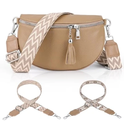 Afbeelding van Gerbala Sac banane en cuir pour femme Petit à bandoulière véritable avec 2 larges bretelles Porte cartes les voyages, le shopping, travail, kaki