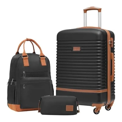 Afbeelding van COOLIFE Harde ABS trolleykoffer, 4 wielen, TSA slot, koffer bevat 1 reisrugzak en toilettas, Zwart/Bruin, Prachtig vormgegeven reisset