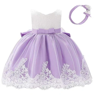 Afbeelding van Lito Angels Bruidsmeisjesjurk met hoofdband voor baby&#039;s, meisjes, kanten jurk ceremonie, bruiloft, maat 3 18 maanden, 426, Paars.