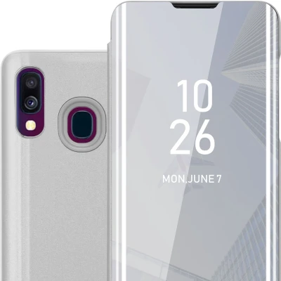 Afbeelding van Cadorabo Hoesje geschikt voor Samsung Galaxy A40 in AGAAT ZILVER Clear View Spiegel Beschermende Case met Tribunefunctie 360 Graden Bescherming Book Cover Etui