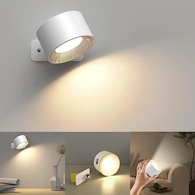 Afbeelding van wandlamp voor binnen, met USB opladen, 3 kleuren en helderheidsniveaus, led, 360 graden draaibaar, aanraakbediening, draadloze wandlampen (wit)