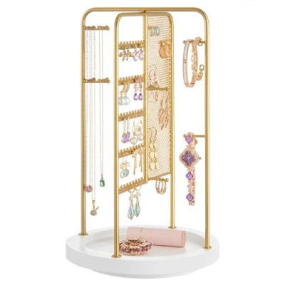 Afbeelding van SONGMICS JJS023A01 Sieradenstandaard, draaibaar, 4 aparte vakken, metalen frame, opslag voor halskettingen, armbanden, oorbellen, ringen, cadeau idee, goud