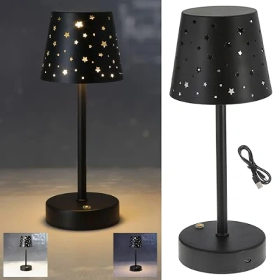 Afbeelding van Cepewa Tafellamp met sterren, aanraakfunctie, traploos dimbaar, 3 witte tinten, 10 x 28 cm, zwart, 8 leds USB C naar USB, oplaadkabel (1 sterrentafellamp)