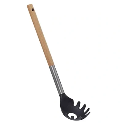 Afbeelding van 5Five Pasta opscheplepel zwart/lichtbruin hout/rvs/kunststof 32 cm Keukengerei/Spaghetti lepel