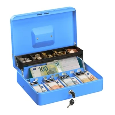 Afbeelding van Relaxdays geldcassette met slot, dienblad voor munten &amp; brief, zilveren kluisje ijzer HBD 8,5 x 30,5 24,5 cm, div. kleuren