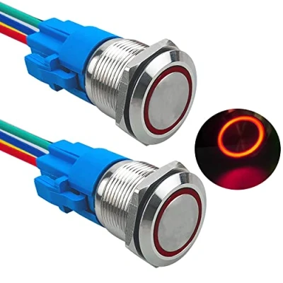 Afbeelding van Aiqeer 2 stuks 19 mm drukschakelaars, momentane, 12 V/24 V, 5 A, drukknopschakelaar van roestvrij staal, waterdicht IP67, met voorbedrade stekker (rode led)