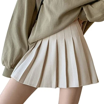 Afbeelding van DRESHOW Retro basic rok, elastisch, uitlopend, minirok, plooirok, casual, voor dames en meisjes, Geplooide mini rok 04 beige