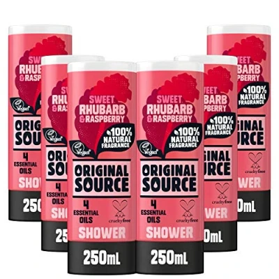 Afbeelding van Original Source Rabarber en framboos douchegel, 100% natuurlijke geur, veganistisch, dierproefvrij, parabenenvrij, verpakking van 6 x 250 ml