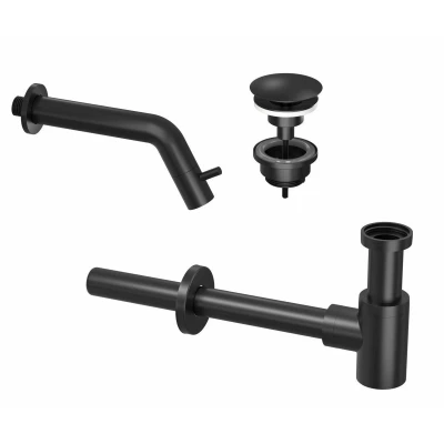 Afbeelding van INK 3A Fonteinkraanset Wand Fonteinkraan always open plug en design Sifon Mat Zwart Minimalistisch