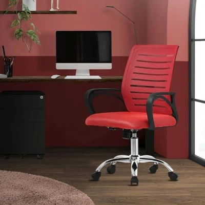 Afbeelding van Ergonomische bureaustoel met armleuningen Mesh stof rood wielen ML design
