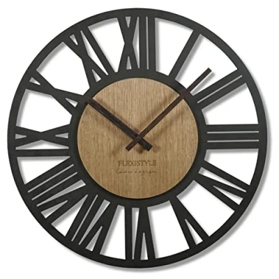 Afbeelding van FLEXISTYLE Grote wandklok voor volwassenen, diameter 50 cm, retro loft, eikenhout, geen tikkend geluid, woonkamer (zwart/eiken)