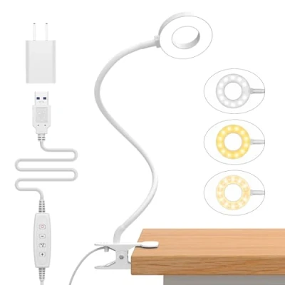 Afbeelding van iZELL 10 W bureaulamp met klem USB adapter, 3 verlichtingsmodi en helderheidsniveaus, 360 graden flexibel, clip on leeslamp, 40 cm, led voor thuis/kantoor, wit