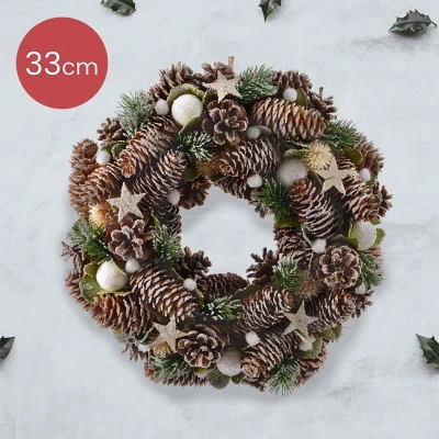 Afbeelding van Decoratieve kerstkrans groen bruin met sterren Ø 33CM