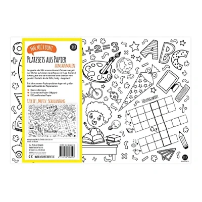 Afbeelding van Set van 12 placemats om in te kleuren, motief: terug naar school, kleurplaten kleurplaten, schoolactiviteiten, kinderactiviteiten, tafeldecoratie, cadeau idee