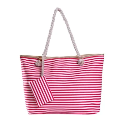 Afbeelding van Grote waterafstotende strandtas met rits 58 x 38 18 cm gestreept bes wit shopper schoudertas