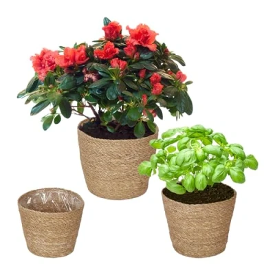 Afbeelding van Relaxdays plantenmand zeegras set van 3 gevlochten bloempot met folie plantenpot