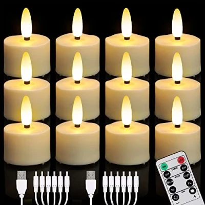 Afbeelding van FREEPOWER Set van 12 oplaadbare led theelichtjes met afstandsbediening, timer, warmwit, dimbaar, 2 USB kabels, kerstdecoratie