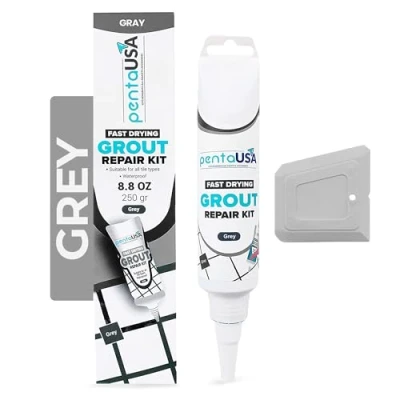 Afbeelding van PentaUSA Tegelafdichting, tegellijm, afdichting voor badkamer, repareert en vernieuwt, voegmiddel tegels, reparatieset met spatel, 250 g, grijs