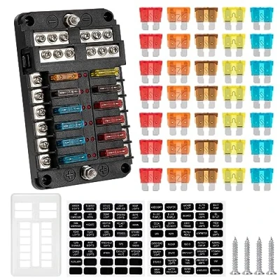 Afbeelding van 12 weg zekeringkast, zekeringhouder, V, autozekeringhouder met led indicator en 30 stuks zekeringen voor auto, boot, vrachtwagen, camping