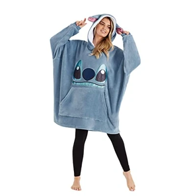 Afbeelding van Disney Dameshoodie, geruite damestrui, Stitch, oversized fleece sweatshirt, warme wintertrui, één maat, Blauw