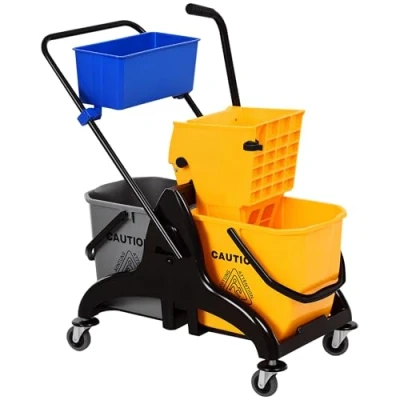 Afbeelding van HOMCOM Huishoudwagen, waswagen, professionele reinigingswagen, zijcentrifuge, emmer, 26 l, opbergmand, 78 x 45 95 cm, geel
